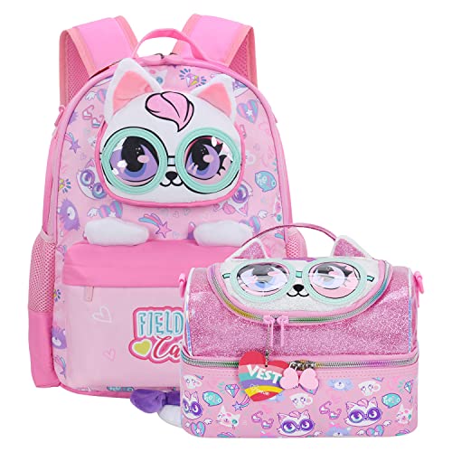 Charming Kids Cat Backpack with Lunch Box Set - For Preschool, Kindergarten, Elementary School Girls (Ages 3-8), Medium Size (15", 7.4L)