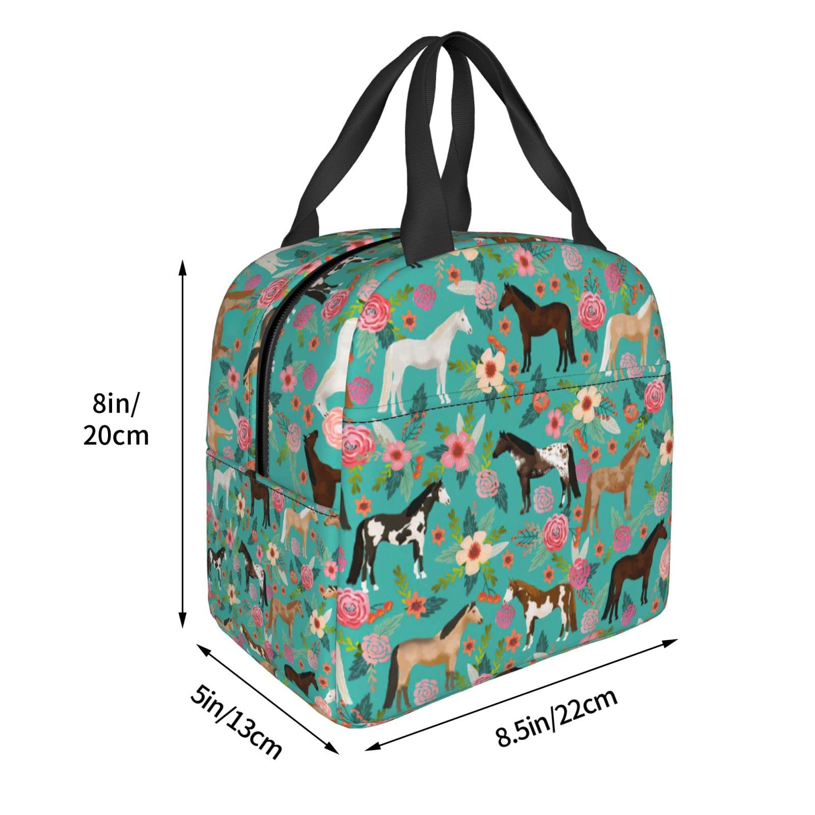 srufqsi Horses And Flowers Lunch Bag Insulated Water-Resistant Tote Bag Reusable Lunch Box For Picnic Travel