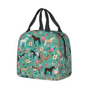 srufqsi Horses And Flowers Lunch Bag Insulated Water-Resistant Tote Bag Reusable Lunch Box For Picnic Travel