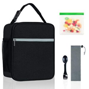 insulated lunch box for men adults portable lunch bag women with water bottle holder reusable lunch tote bag soft lunch container leak-proof cooler bag for work office picnic, black and white