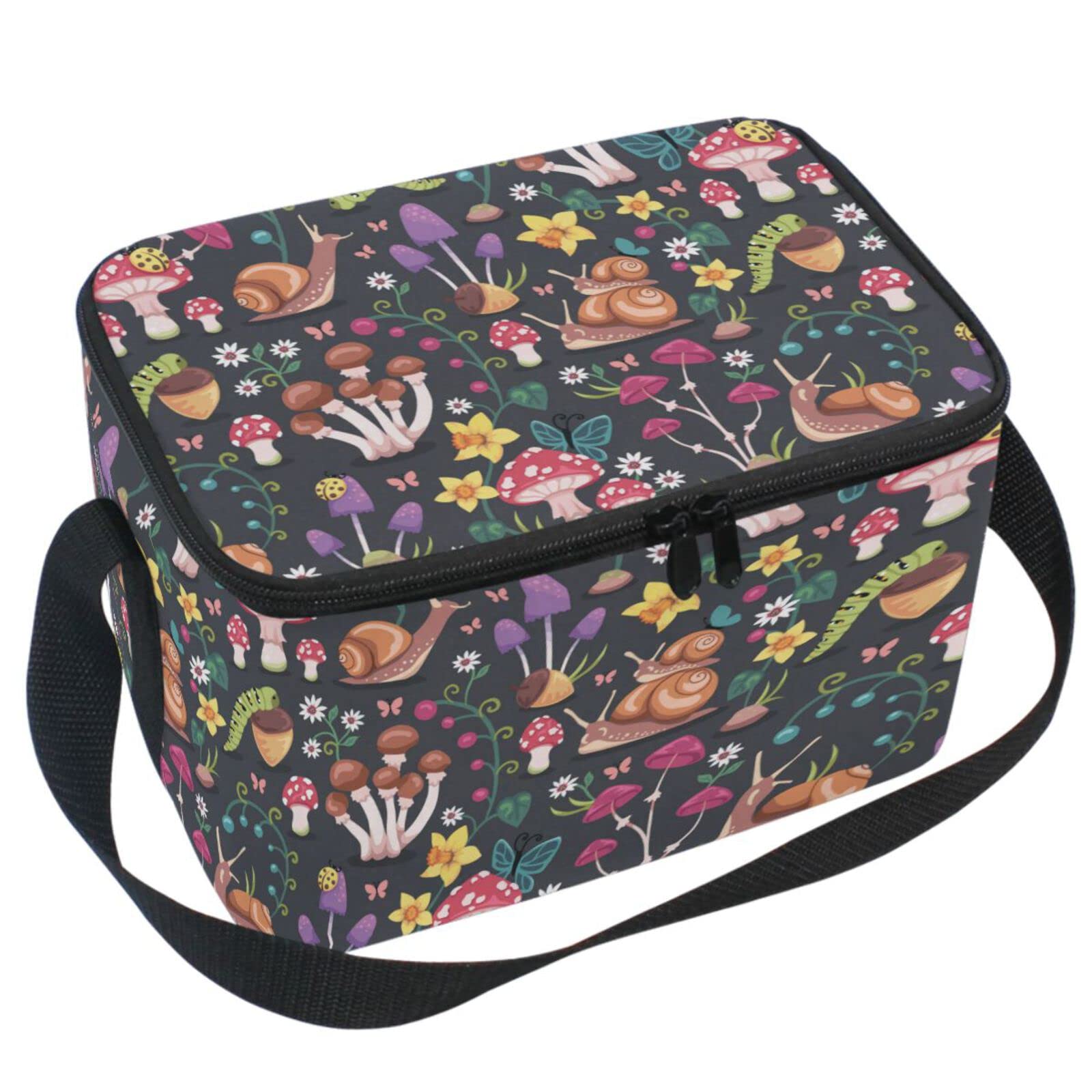 ZZXXB Snail Mushroom Floral Insulated Lunch Bag Cooler Reusable Lunch Box School Office Travel Picnic Tote Bag for Women Men Kids