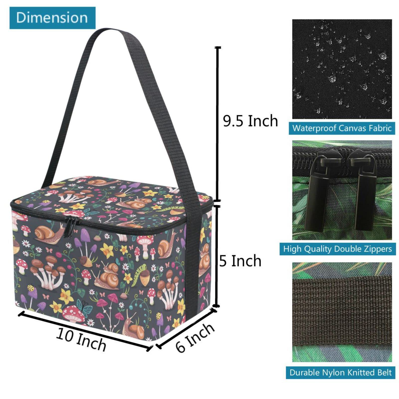 ZZXXB Snail Mushroom Floral Insulated Lunch Bag Cooler Reusable Lunch Box School Office Travel Picnic Tote Bag for Women Men Kids