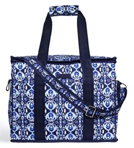 vera bradley leak resistant insulated cooler bag large capacity, navy blue soft sided collapsible cooler, portable beach-tote bag with handles and adjustable shoulder strap, ikat island