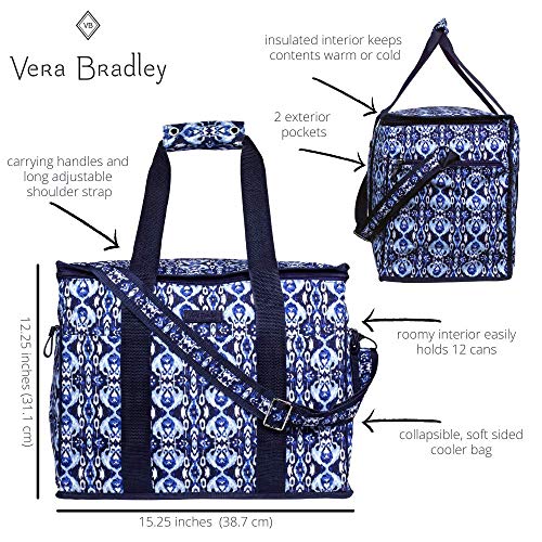 Vera Bradley Leak Resistant Insulated Cooler Bag Large Capacity, Navy Blue Soft Sided Collapsible Cooler, Portable Beach-Tote Bag with Handles and Adjustable Shoulder Strap, Ikat Island