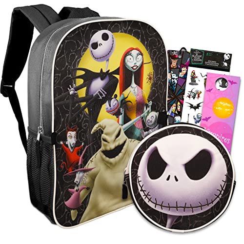 DISNEY Nightmare Before Christmas Backpack with Lunch Box - Bundle with 16” Nightmare Before Christmas Backpack, Lunch Bag, Stickers, Bookmark, More | Nightmare Before Christmas School Bag.