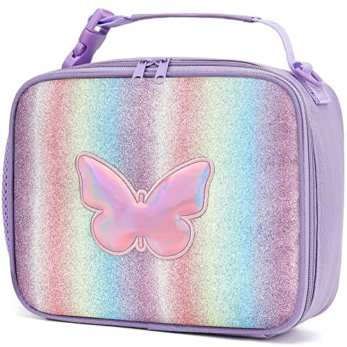 Hairao Girls Lunch Box, Kids Insulated Lunch Box Bag for Girls, Perfect Rainbow Butterfly Bag Size for Packing Hot Foods or Cold Snacks for School Travel and Outdoor Activates Over 4 Years Old