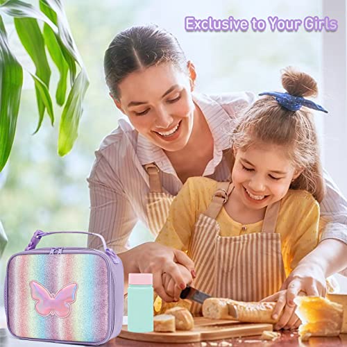 Hairao Girls Lunch Box, Kids Insulated Lunch Box Bag for Girls, Perfect Rainbow Butterfly Bag Size for Packing Hot Foods or Cold Snacks for School Travel and Outdoor Activates Over 4 Years Old