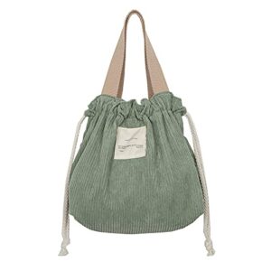 CHERSE Corduroy Lunch Bag for Women Lunch Box Aesthetic Lunch Bag Drawstring Cute Hand Bag Pastel Supplies (Drawstring Green)