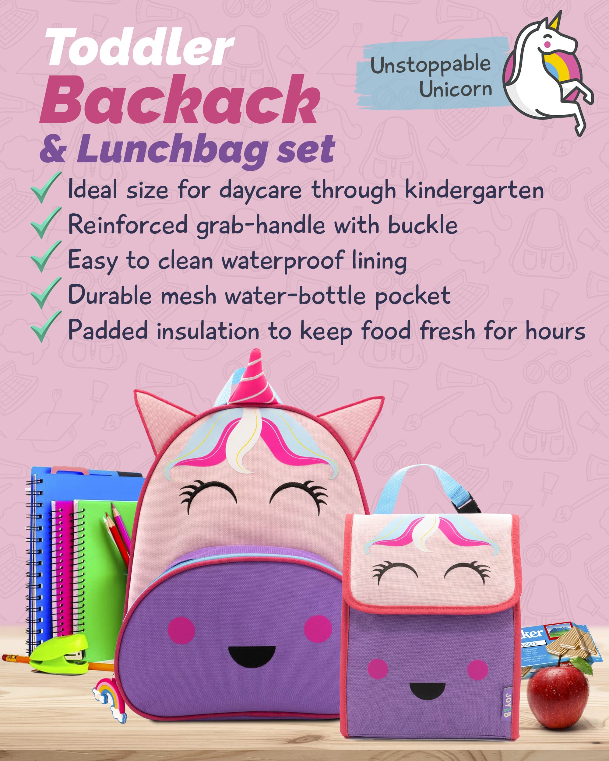 Toddler Backpack for Girls and Boys with Kids Lunch Bag - Unicorn Backpack for Girls and Lunch Bag Kids Backpack for School with Lunch Box Kids - Camp Travel Preschool Backpack - Unstoppable Unicorn