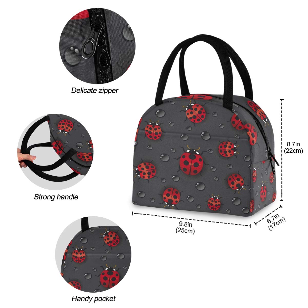 Blueangle Red Ladybugs Insulated Lunch Bag for Women,Lunch Holder Insulated Lunch Tote Bag,Student Thermal Bag and Lunch Cooler Box