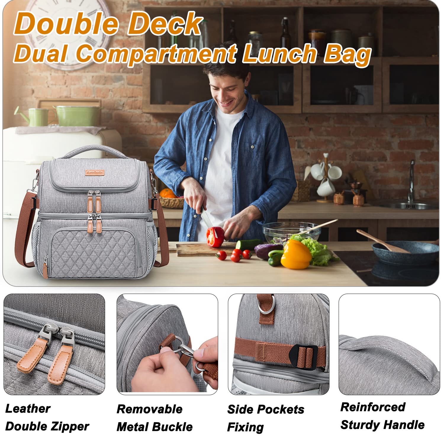 Artelaris Dual Compartment Lunch Bag for Men Women, Large Insulated Lunch Tote Bag for Work, Leak Proof Lunch Cooler Bag, Lunch Box Double Deck Lunch Bag, Black and Grey