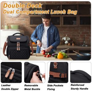 Artelaris Dual Compartment Lunch Bag for Men Women, Large Insulated Lunch Tote Bag for Work, Leak Proof Lunch Cooler Bag, Lunch Box Double Deck Lunch Bag, Black and Grey