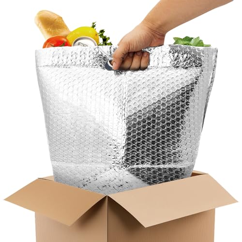 APQ Insulated Foil Bag with Handles, 12 x 10 x 9 Inches. 5 Pack Thermal Bags for Frozen Food. Metallized Foil Insulated Box Liners with Bubble Cushion. Insulated Shipping Bags for Food, Cosmetics