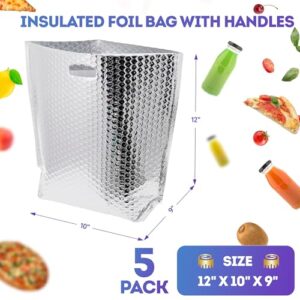 APQ Insulated Foil Bag with Handles, 12 x 10 x 9 Inches. 5 Pack Thermal Bags for Frozen Food. Metallized Foil Insulated Box Liners with Bubble Cushion. Insulated Shipping Bags for Food, Cosmetics