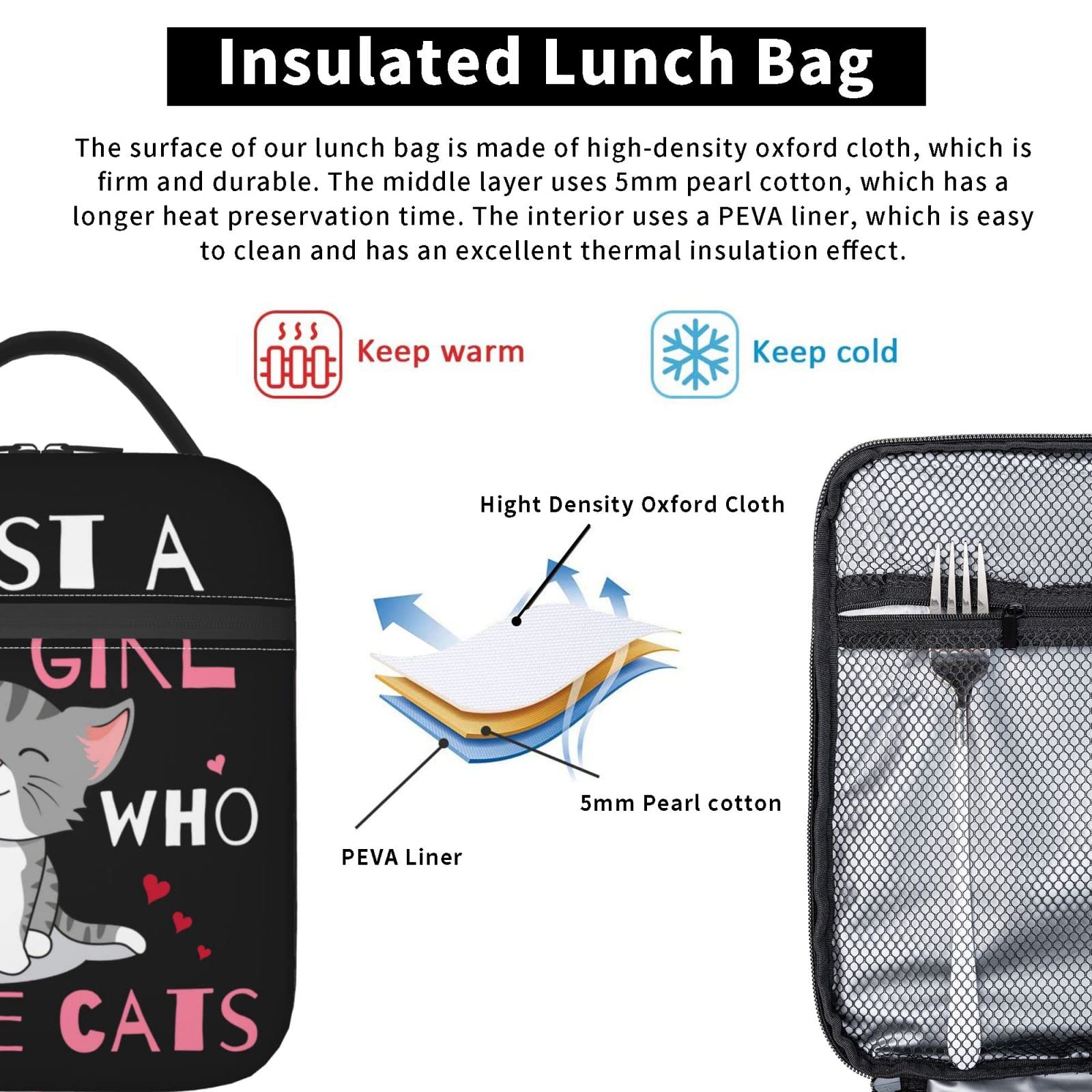 Kaeddi Cute Cat Lunch Bag Large Capacity Heat Insulated Lunch Box Leakproof Durable Portable Reusable Handbags Thermal Cooler Tote Bag, Just A Girl Who Loves Cats (One Size, Black)