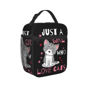 Kaeddi Cute Cat Lunch Bag Large Capacity Heat Insulated Lunch Box Leakproof Durable Portable Reusable Handbags Thermal Cooler Tote Bag, Just A Girl Who Loves Cats (One Size, Black)