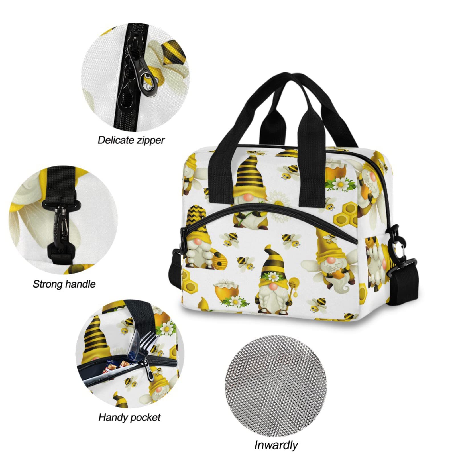 Oarencol Gnome Bees Honey Insulated Lunch Tote Bag Reusable Cooler Lunch Box with Shoulder Strap for Work Picnic School Beach