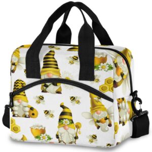 Oarencol Gnome Bees Honey Insulated Lunch Tote Bag Reusable Cooler Lunch Box with Shoulder Strap for Work Picnic School Beach
