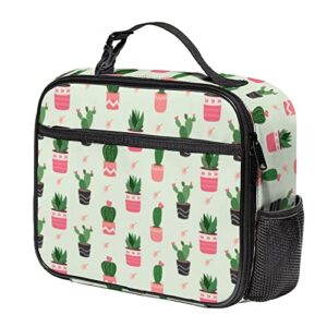 insulated lunch bag for kids, leakproof reusable boys girls lunch box container with detachable buckled handle, durable nylon cooler lunch tote with side pocket for work school adult (green cactus)