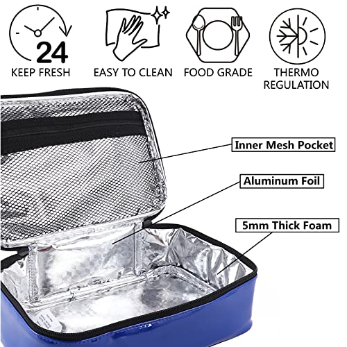 ONTESY Small Lunch Box for Men Women, Patent Leather Lunch Bag Thermal Insulated Mini Lunchbox Lunch Pail Reusable Food Container Snack Bag (Royal Blue)