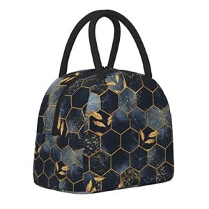 koiidisa insulated lunch bag for women men reusable lunch box for office work picnic leakproof freezable cooler bag for adult lunchbox, black and blue honeycomb marble