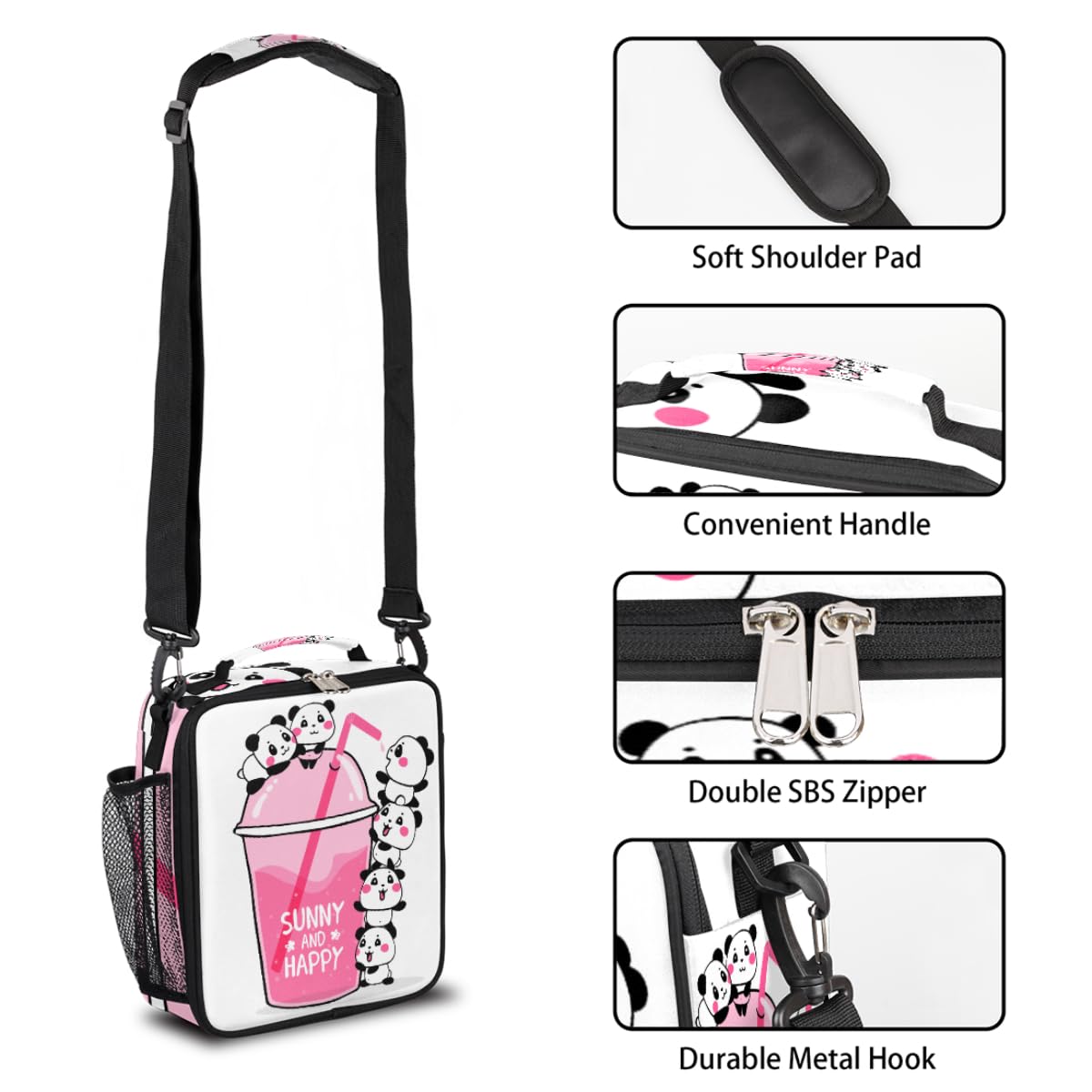 Panda Insulated Lunch Bag, Animal Cocktail Lunch Box for Kids Reusable Container Organizer Tote Bag Cooler Thermal Handbag with Adjustable Shoulder Strap for Boys Girls School Daycare Picnic Beach