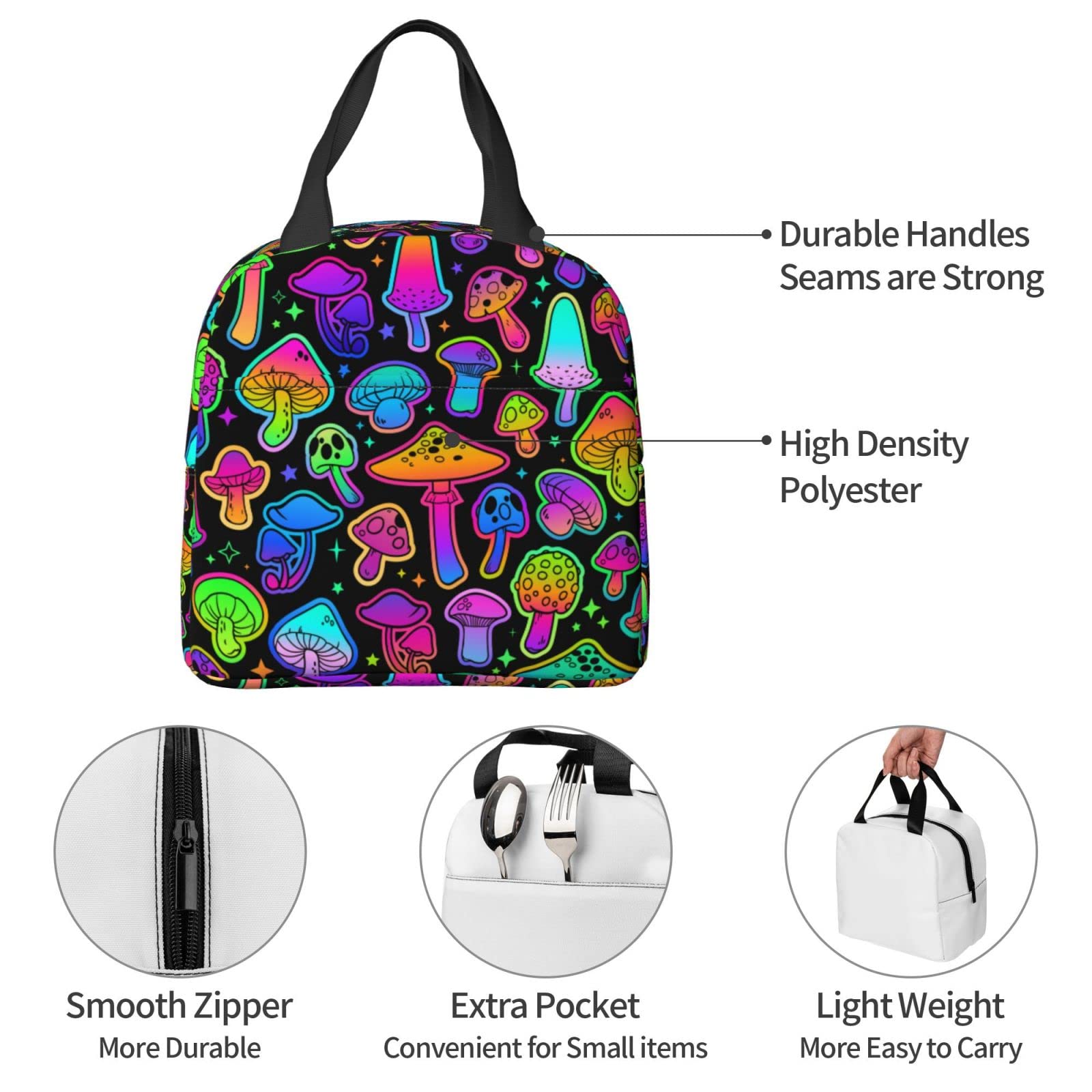 Psychedelic Magic Mushrooms 60s Hippie Reusable Insulated Lunch Bag For Women Men Waterproof Tote Lunch Box Thermal Cooler Lunch Tote Bag For Work Office Travel Picnic