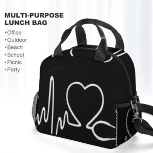 AMRANDOM Adults Reusable Compatible with Nurse Heartbeat Designed Black Lunch Bag with Shoulder Adjustable Strap Thermal Cooler Lunch Tote Lunch Box Handbag for Work Outdoor Travel Picnic