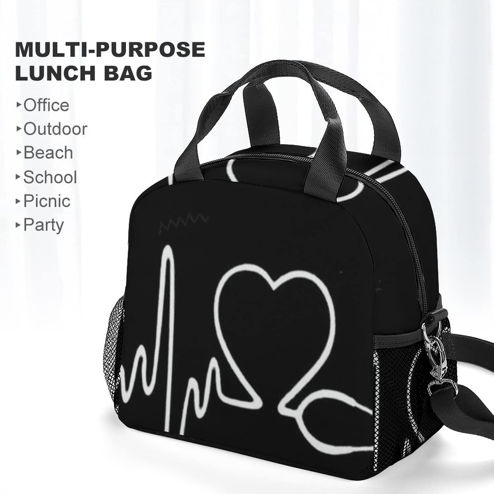 AMRANDOM Adults Reusable Compatible with Nurse Heartbeat Designed Black Lunch Bag with Shoulder Adjustable Strap Thermal Cooler Lunch Tote Lunch Box Handbag for Work Outdoor Travel Picnic
