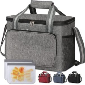 large lunch bag for women/men,24-can (15l) insulated lunch box for office work picnic beach,reusable leak proof cooler cooling lunch tote bag with adjustable shoulder strap (grey)