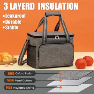 Large Lunch Bag for Women/Men,24-Can (15L) Insulated Lunch Box for Office Work Picnic Beach,Reusable Leak Proof Cooler Cooling Lunch Tote Bag with Adjustable Shoulder Strap (Grey)