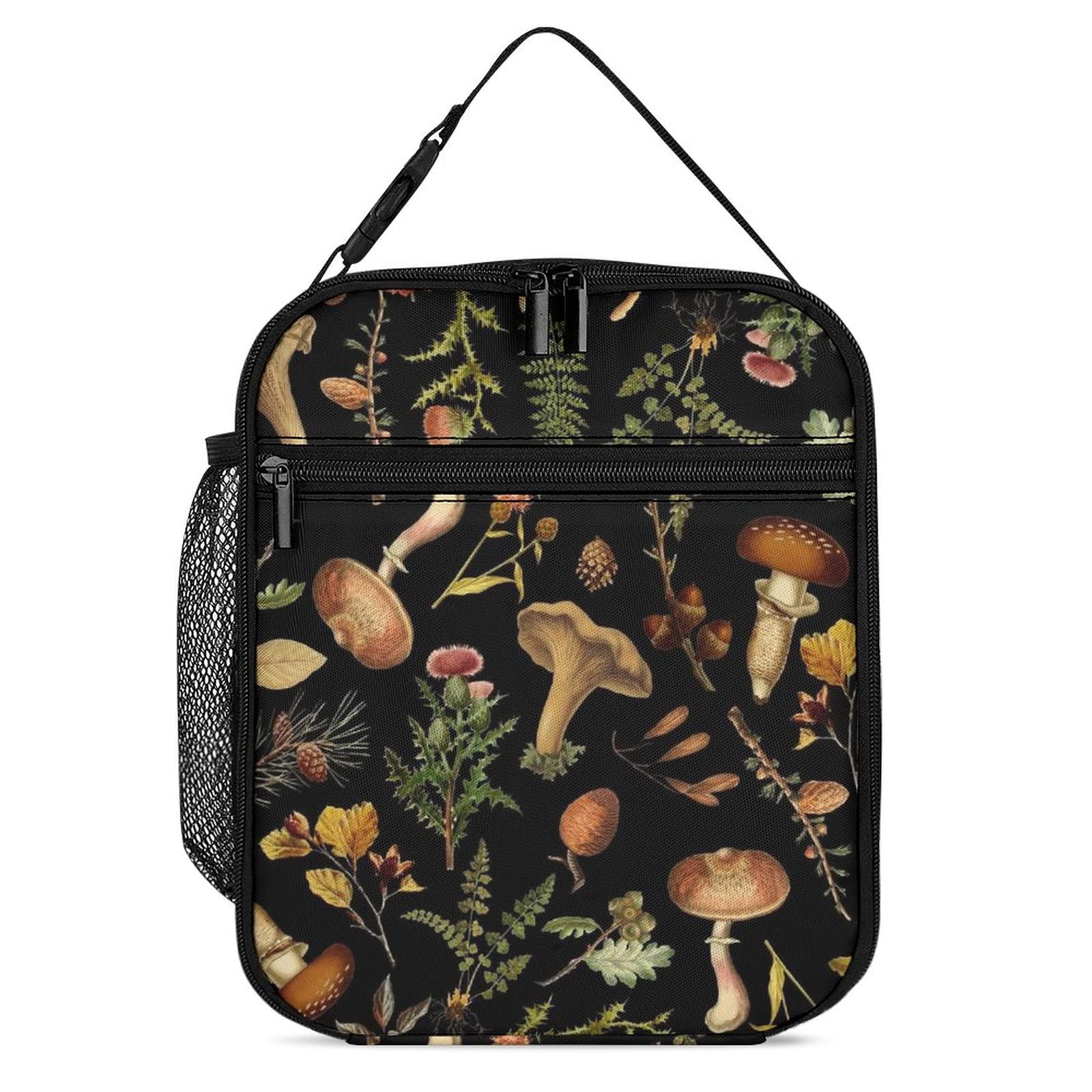 PEXISAOH Vintage Botanical Mushroom Woodland Garden Reusable Insulated Lunch Bag for Women Men Kids,Leakproof Portable Lunch Box with Side Pocket Durable Cooler Tote Bag for School Work Picnic Travel