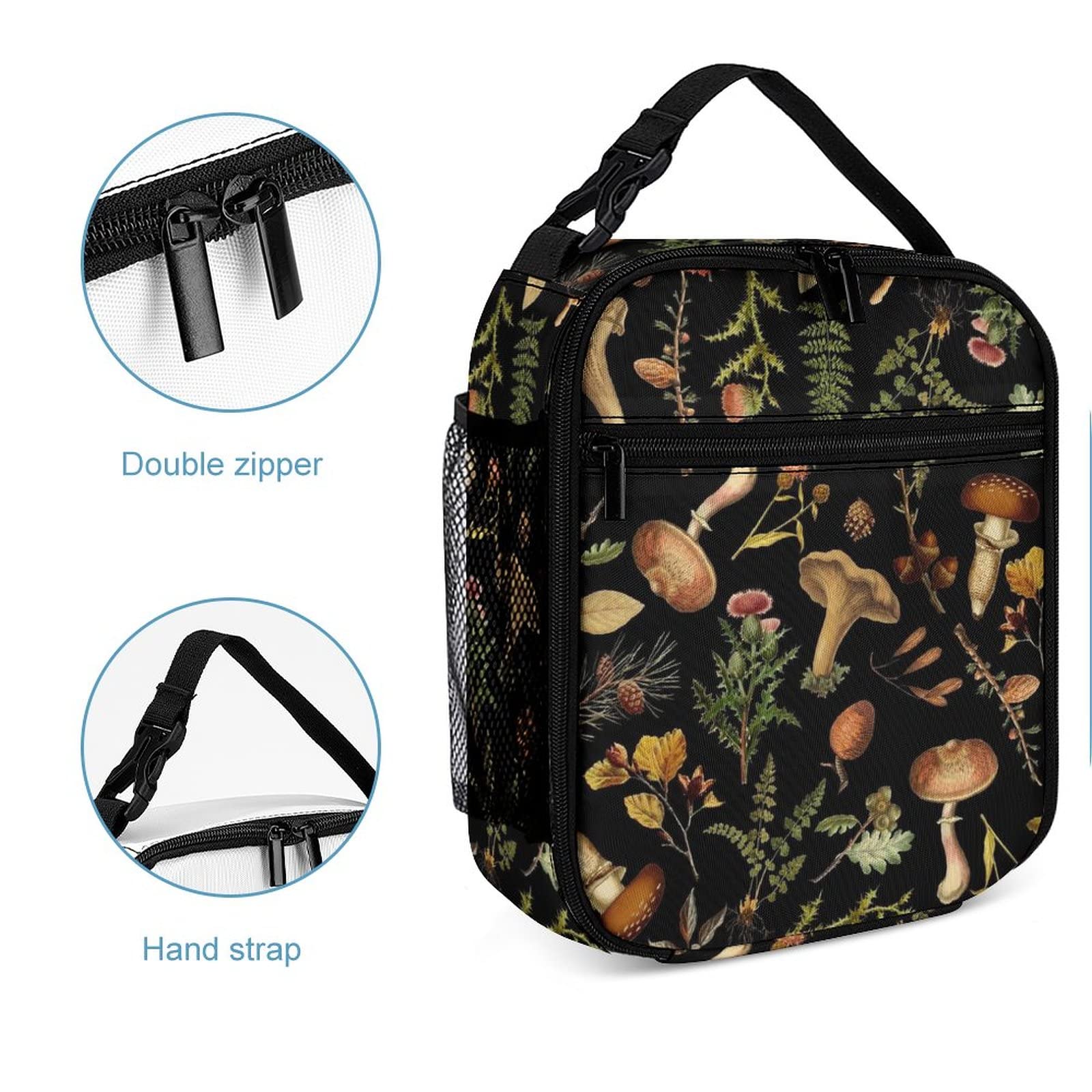 PEXISAOH Vintage Botanical Mushroom Woodland Garden Reusable Insulated Lunch Bag for Women Men Kids,Leakproof Portable Lunch Box with Side Pocket Durable Cooler Tote Bag for School Work Picnic Travel