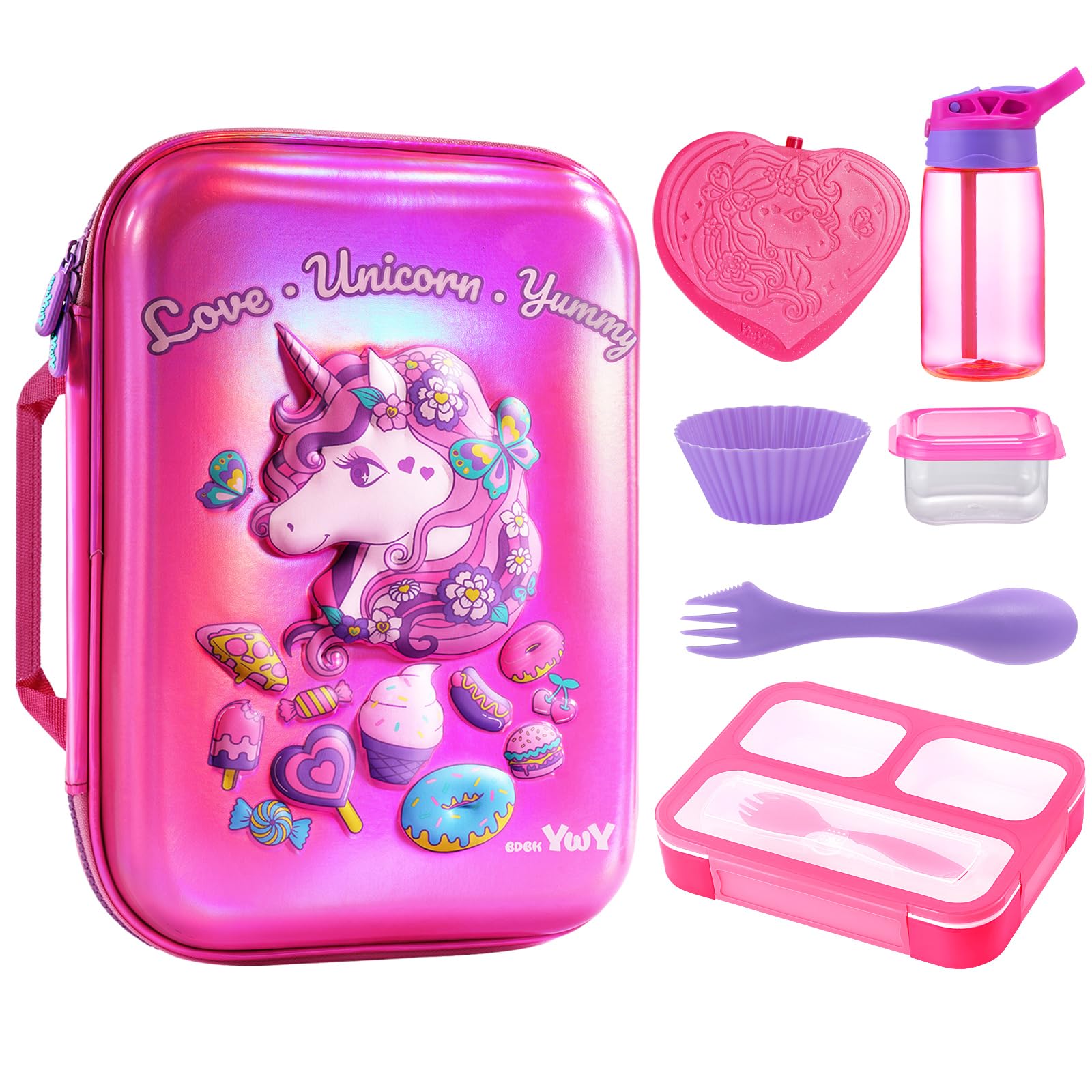 BDBKYWY Exclusive 3D Unicorn Lunch Box for Girls Insulated Lunch Bag Reusable Bento Box Toddler Lunch Box Kids for Picnics, Outdoor Activities, Back to School Supplies Meal Tote Kit for Girls Age 6-12