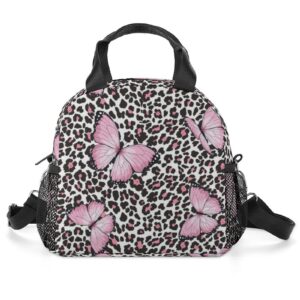 pink butterfly leopard lunch bag, lunch box portable insulated lunch tote bag, thermal cooler bag for women work outdoor