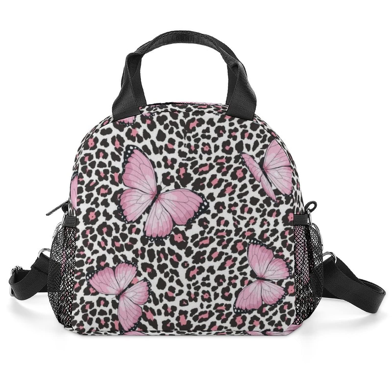 Pink Butterfly Leopard Lunch Bag, Lunch Box Portable Insulated Lunch Tote Bag, Thermal Cooler Bag for Women Work Outdoor