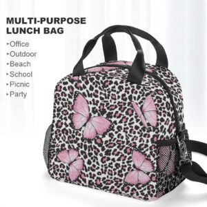 Pink Butterfly Leopard Lunch Bag, Lunch Box Portable Insulated Lunch Tote Bag, Thermal Cooler Bag for Women Work Outdoor