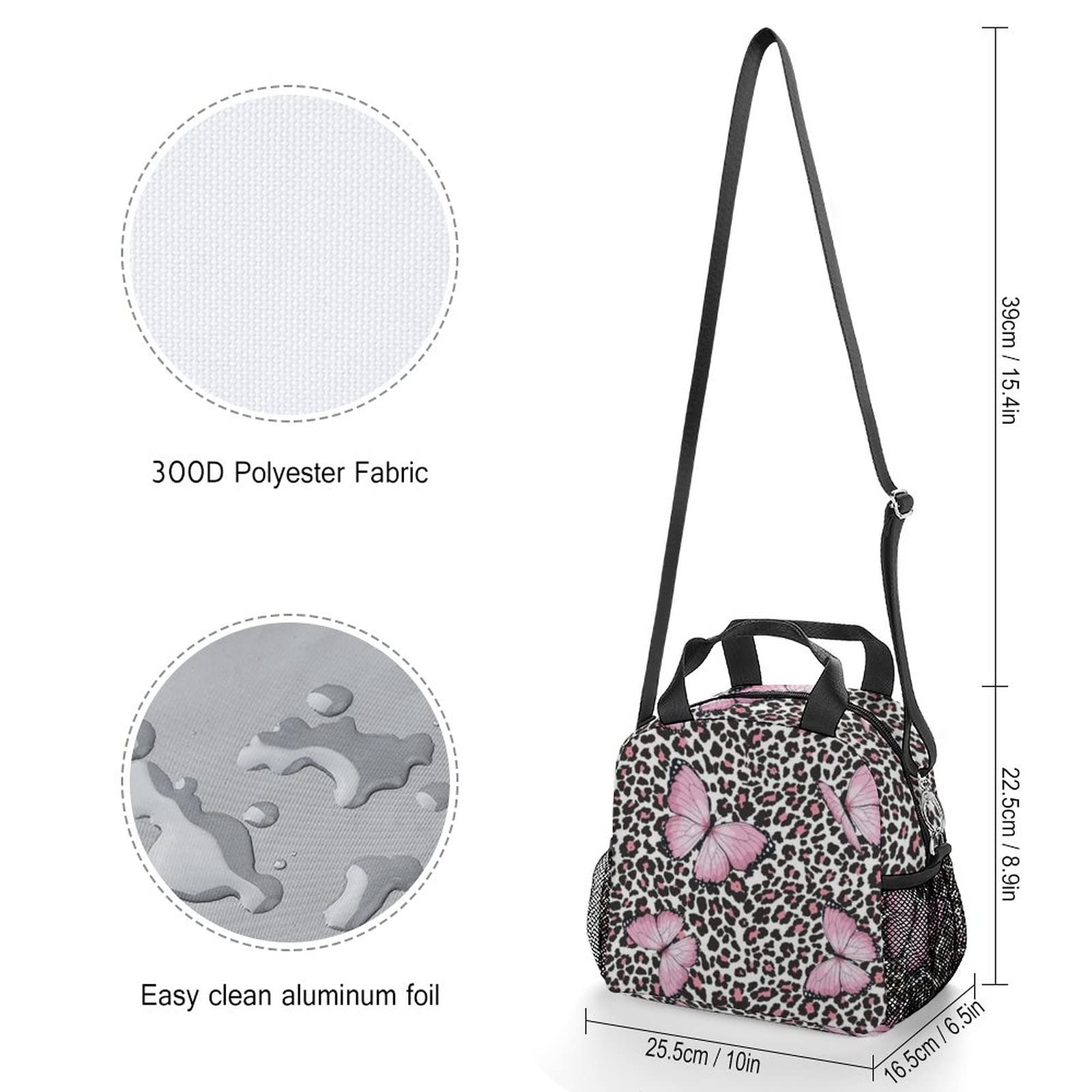 Pink Butterfly Leopard Lunch Bag, Lunch Box Portable Insulated Lunch Tote Bag, Thermal Cooler Bag for Women Work Outdoor