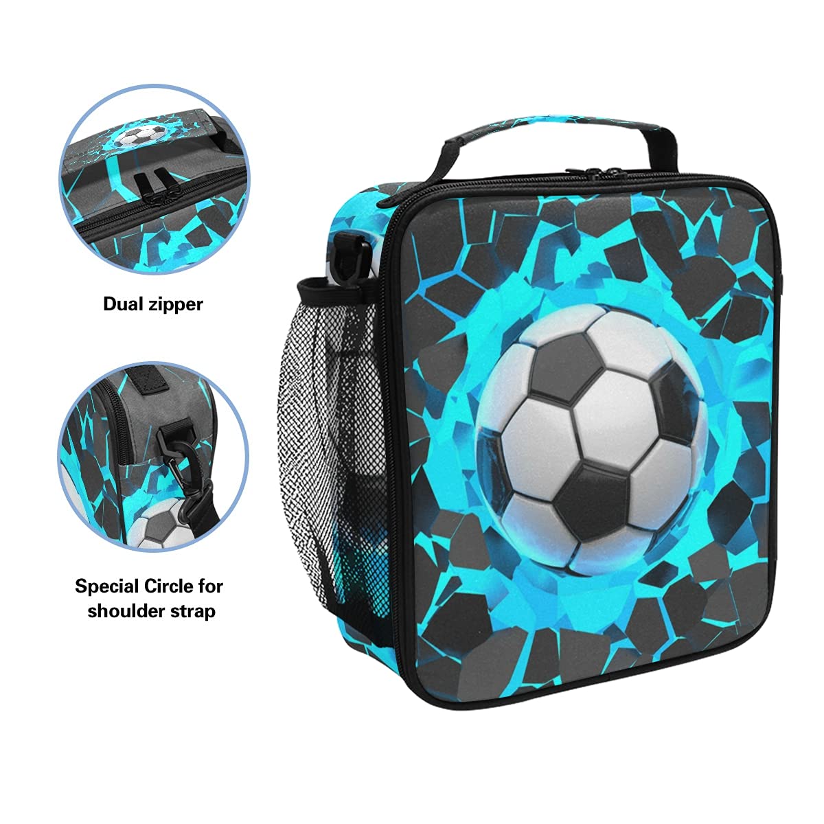 Lunch Bag Insulated Lunch Box Bag 3D Light Wall Football Soccer Pattern Cooler Tote Bag for Girls Boys Students School