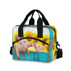 funny pig sunflower lunch bag reusable lunch tote bag thermal cooler bag insulated lunch box with adjustable shoulder strap for office school outdoor picnic
