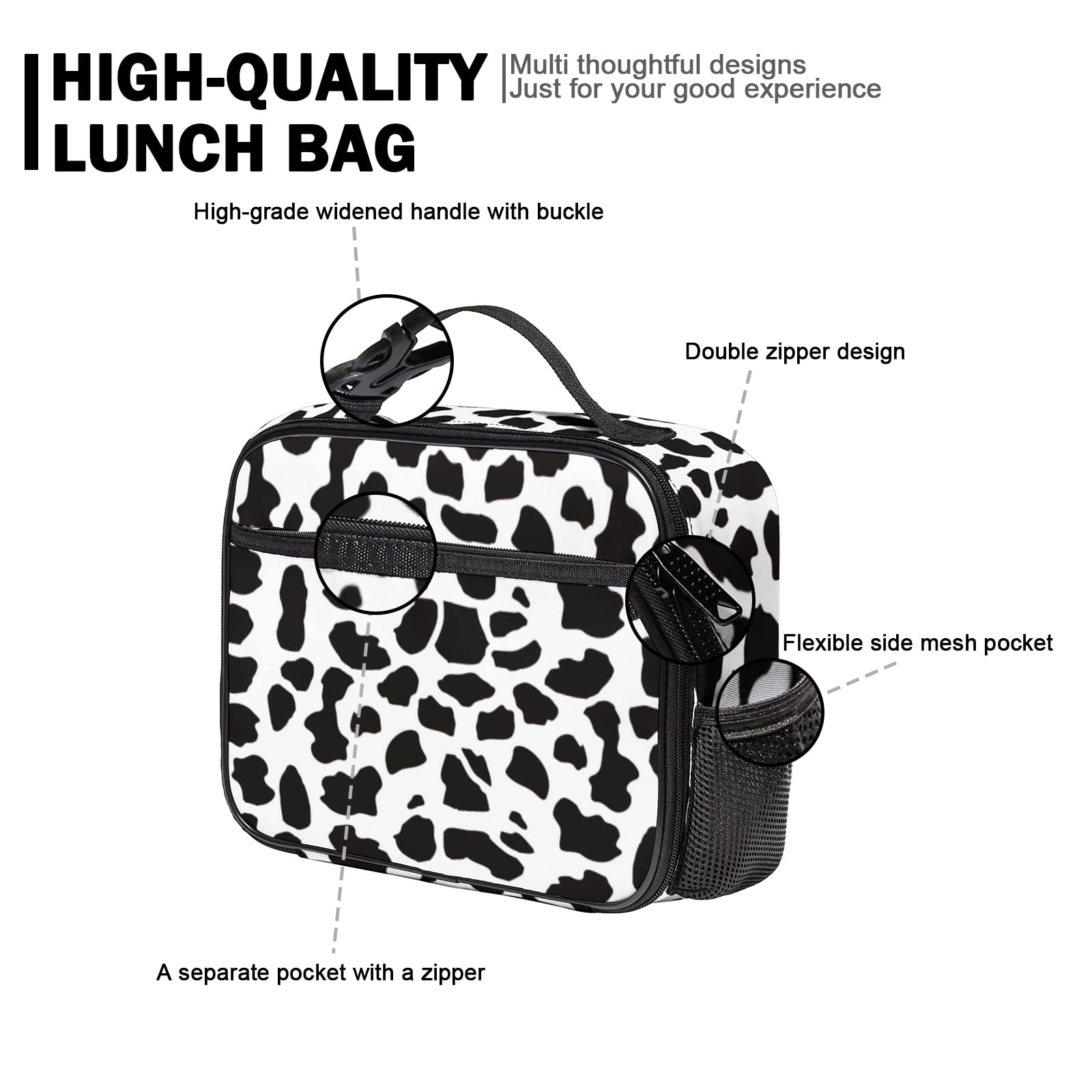 Cow Print Lunch Bag with Pockets Durable Insulation Lunch Box Leakproof Lunch Tote Bag For Teen Women Men Work Travel