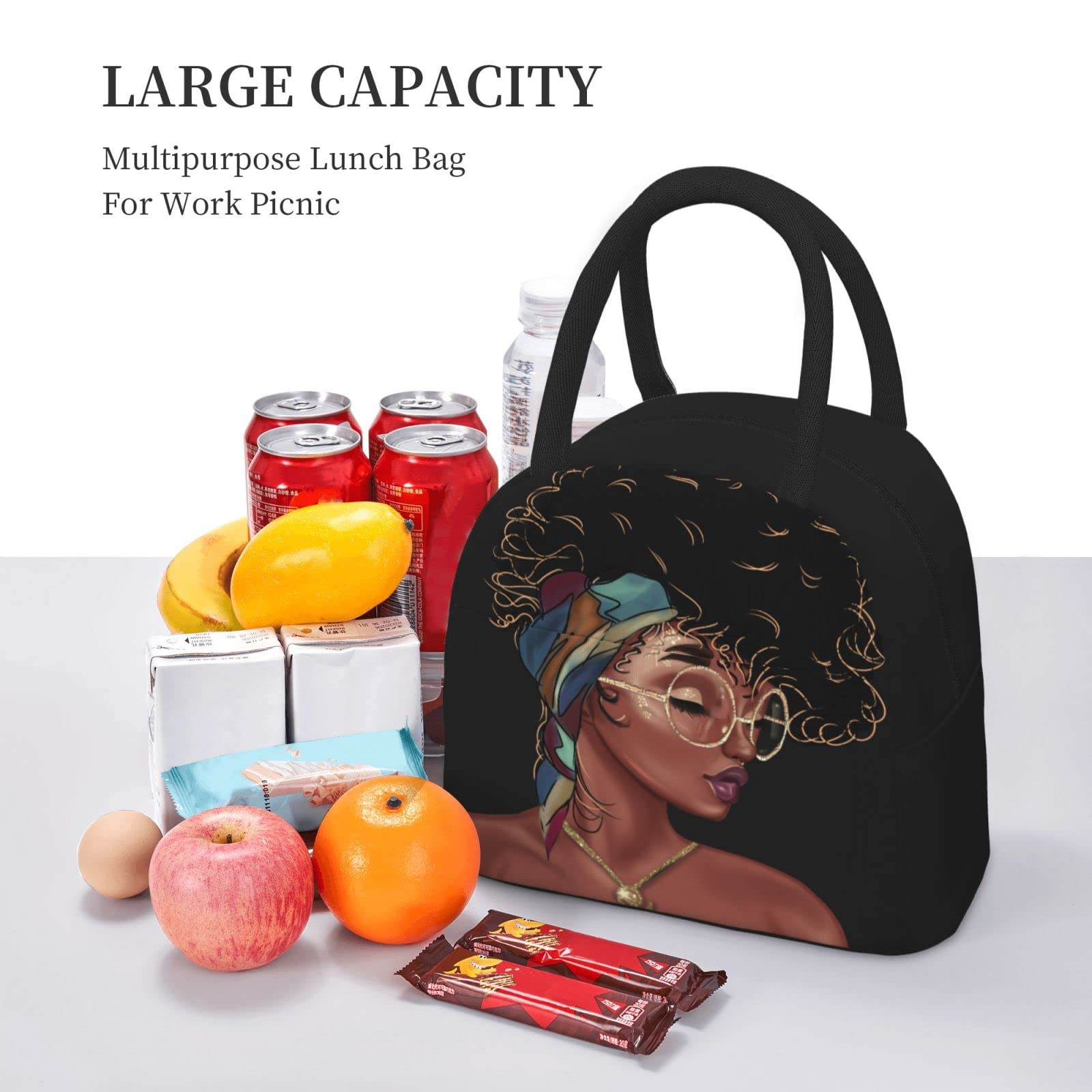 Fiokroo Lunch Bag Insulated African American Lunch Box Black Woman Reusable Waterproof Lunch Tote Bag For School Work College Outdoor Travel Picnic, 10l