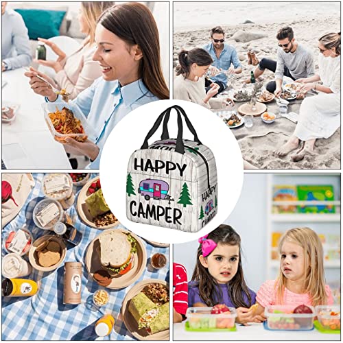 ZOBOTA Reusable Happy Camper Printed Handheld Lunch Bag, Insulated Lunch Box For Men And Women, For Work, Picnics Or Travel