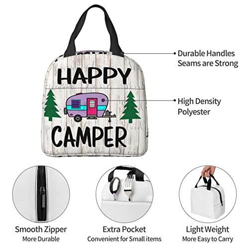 ZOBOTA Reusable Happy Camper Printed Handheld Lunch Bag, Insulated Lunch Box For Men And Women, For Work, Picnics Or Travel