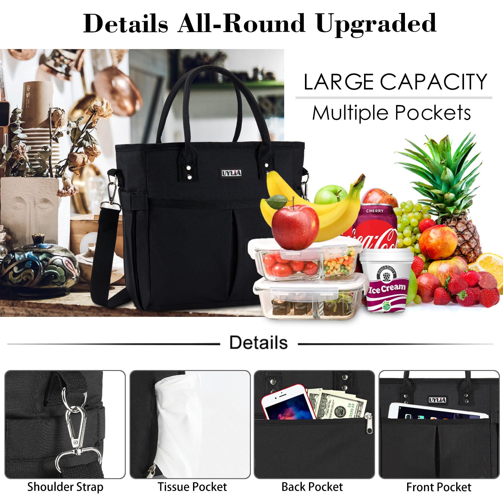 UYLIA Lunch Bags for Women,Insulated Lunch Tote Bag with Adjustable Shoulder Strap, Lunch Box with Drinks Holder for Adults Men Work Picnic Beach Workout (Black, Large)