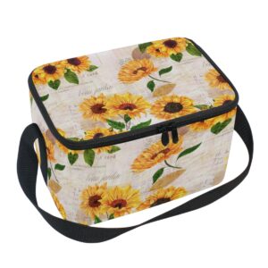 naanle vintage sunflower insulated canvas zipper lunch bag cooler tote bag for adult teens girls boys men women, floral sunflower long strap lunch boxes lunchboxes meal prep handbag