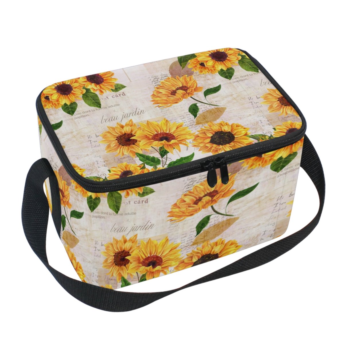 Naanle Vintage Sunflower Insulated Canvas Zipper Lunch Bag Cooler Tote Bag for Adult Teens Girls Boys Men Women, Floral Sunflower Long Strap Lunch Boxes Lunchboxes Meal Prep Handbag