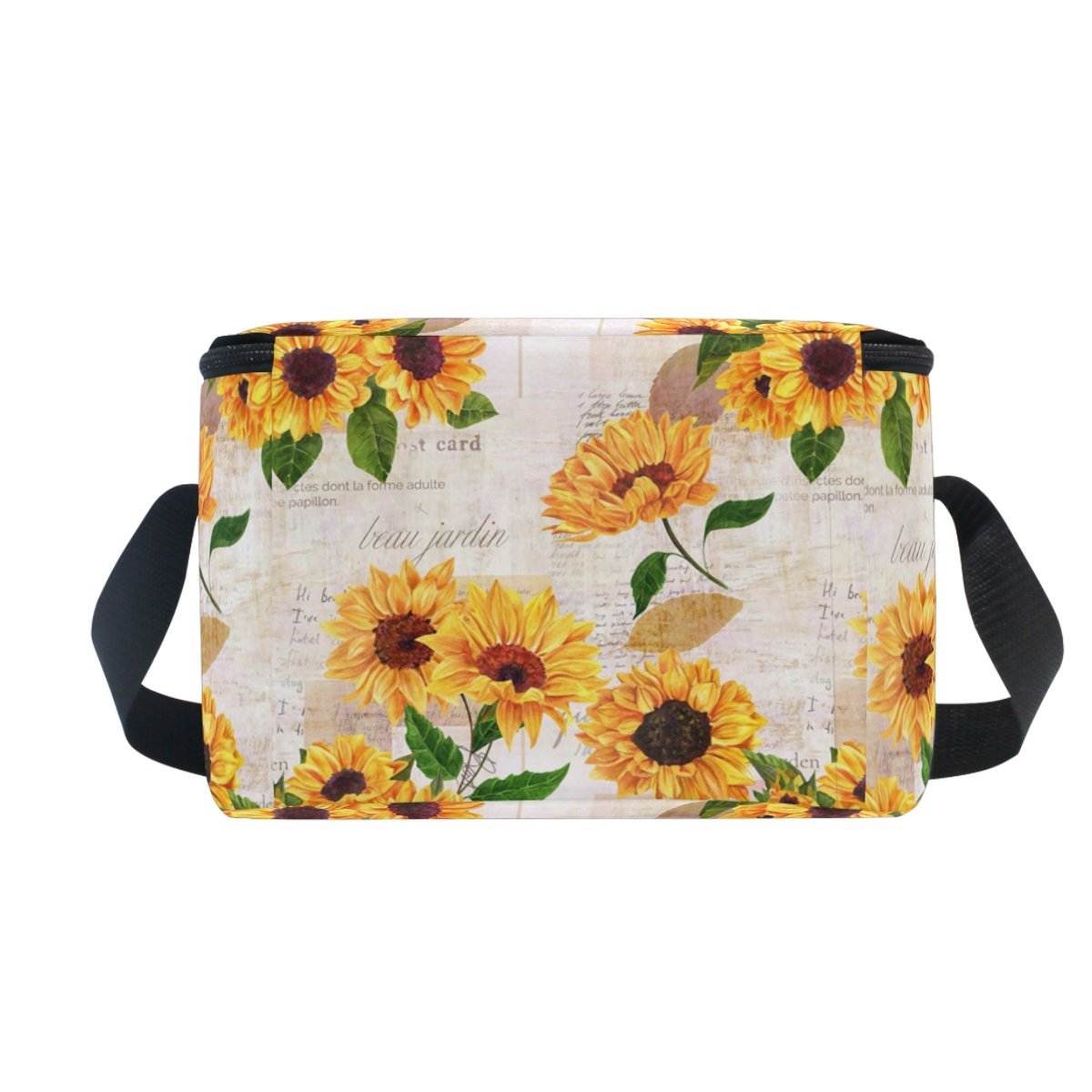 Naanle Vintage Sunflower Insulated Canvas Zipper Lunch Bag Cooler Tote Bag for Adult Teens Girls Boys Men Women, Floral Sunflower Long Strap Lunch Boxes Lunchboxes Meal Prep Handbag