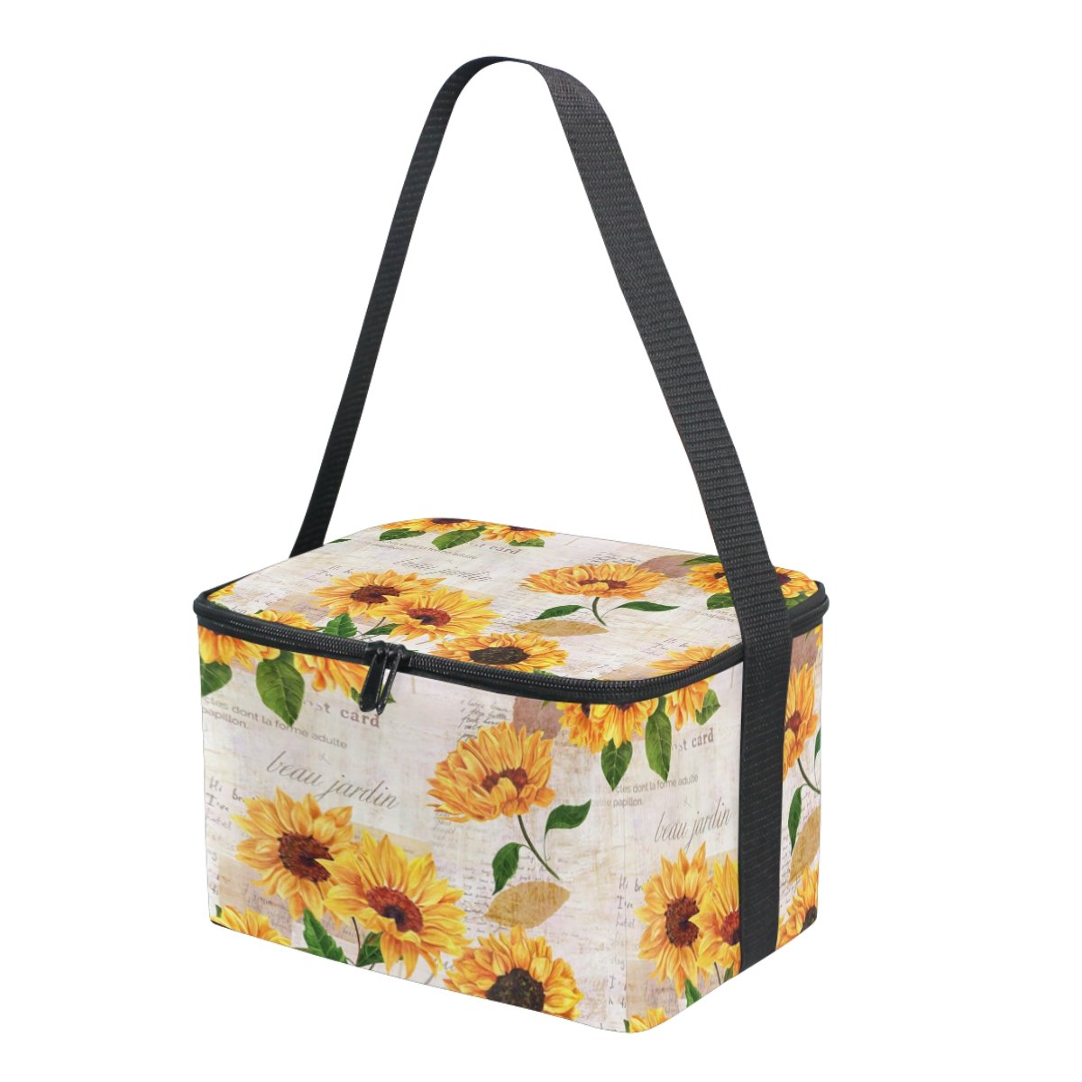 Naanle Vintage Sunflower Insulated Canvas Zipper Lunch Bag Cooler Tote Bag for Adult Teens Girls Boys Men Women, Floral Sunflower Long Strap Lunch Boxes Lunchboxes Meal Prep Handbag