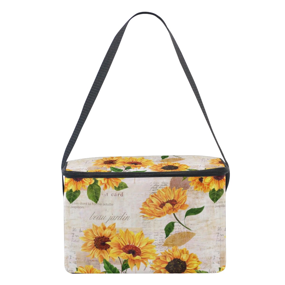 Naanle Vintage Sunflower Insulated Canvas Zipper Lunch Bag Cooler Tote Bag for Adult Teens Girls Boys Men Women, Floral Sunflower Long Strap Lunch Boxes Lunchboxes Meal Prep Handbag